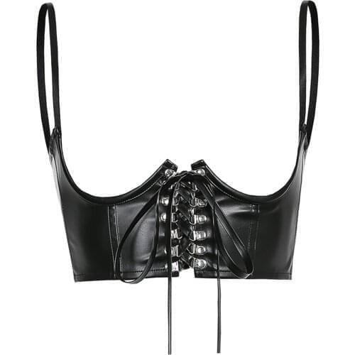 Women PU Leather Corset Bustier Wetlook Crop Top Camisole Front Lace-up Solid Color Slim Fit Vest Tank Tops Punk Moto Biker Club