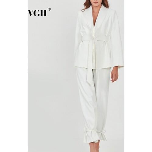 VGH Eleagnt Solid Color Black Two Piece Set For Women Blazer High Waist Belt Straight Pants White Womens Suit 2021 Spring New