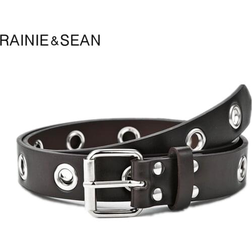 RAINIE SEAN Punk Women Belt with Hole Punk Belts for Women Pin Buckle Black White Pu Leather Ladies Waist Belt Accessories 110cm