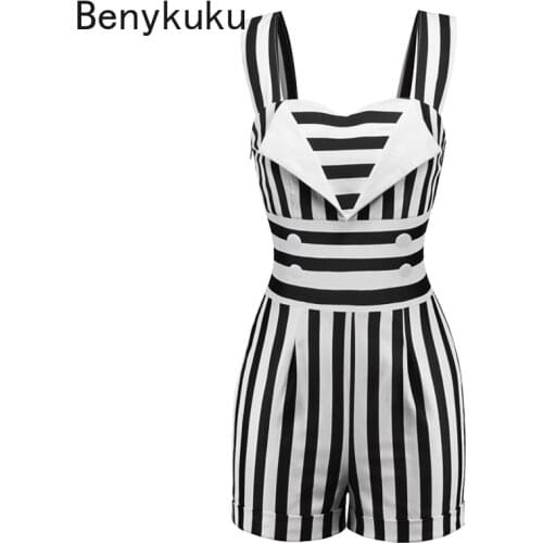 Striped Black White Overalls Vintage Jumpsuit Elegant Short Romper Sexy One Piece Women Casual Playsuits 2021 Summer Clothes New