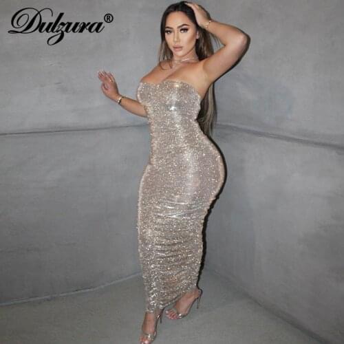 Dulzura Bling Glitter Squain Women Ruched Tube Midi Dress Sleeveless Bodycon Party Elegant Sexy 2020 Autumn Winter Club Festival