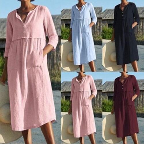 Women Half Sleeve Linen Cotton Dress Autumn Elegant Button Party Dresses Casual Ladies Loose Pocket OL Dress Plus Size