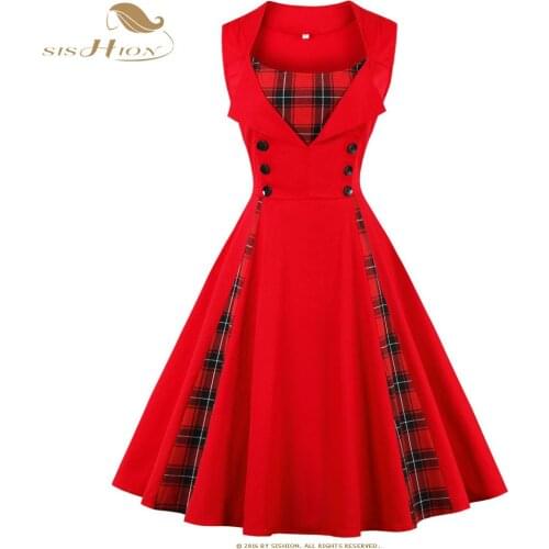 SISHION Plus Size Women Dress Black Red Patchwork Plaid Decoration Big Swing 50s Vintage Ladies Casual Party Dresses VD0680