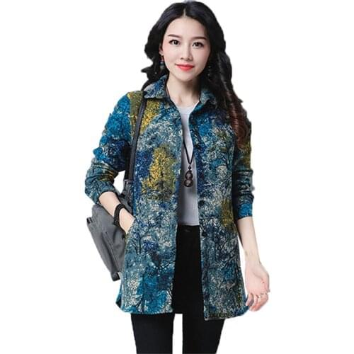 2019 New Womens Thin Cotton Coat Autumn Winter Printing Coats Mid-Long Single-breasted Quilted Warm Jacket Outwear Female A139