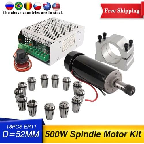 Free shipping 0.5kw Air cooled spindle ER11 chuck CNC 500W Spindle Motor + 52mm clamps + Power Supply speed governor For DIY CNC
