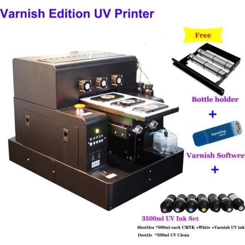 Free shipping Varnish A4 uv printer with varnish UV ink print bottle phone case Lipstick tube glass metal PVC card Tshirt