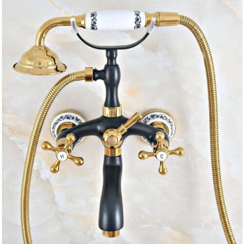 Black Gold Color Brass Wall Mount Bathroom Tub Faucet Dual Cross Handles Telephone Style Hand Shower Clawfoot Tub Filler ana405