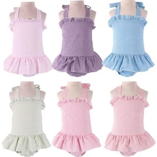 Seersucker kids swimwear girls ruffle one piece baby swimsuits sleeveless cotton swimwear kids sport