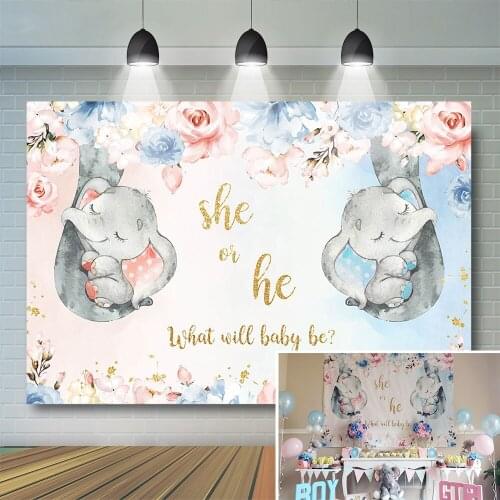 Cute Elephant Gender Reveal Backdrop Boy or Girl Elephant Gender Surprise Party Decor He or She Baby Shower Floral Banner