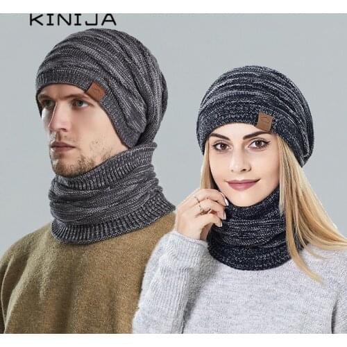 Hat scarf set winter knitted bonnets for women outdoor ski plush neck warm windproof cap famle wool thicken Skullies & Beanies