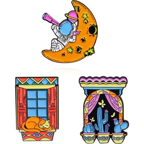 Creative window Enamel Brooch Cat cactus in front of windowsill Lapel Pin Astronauts on the moon Custom Badge