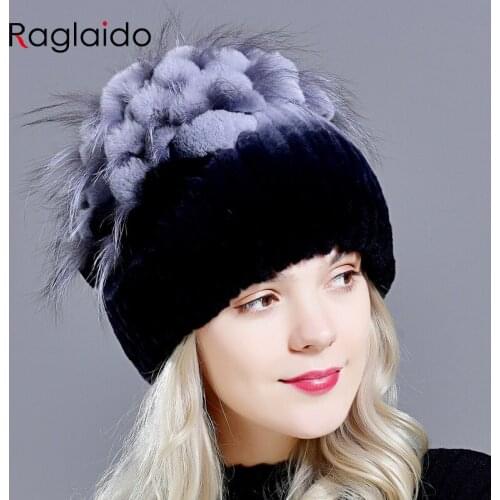 Rabbit Fur Hats For Women Knit Real Fur Fox Beanies Warm Hat Natural Fluffy Ladies Stylish Floral Winter Hat