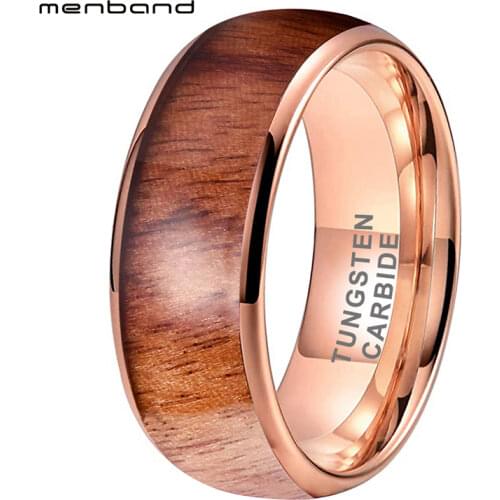 Dome Band Wedding Ring Rose Gold Tungsten Ring With Vietnam Acid Wood Inlay Domed Polished Shiny 6MM 8MM Comfort Fit