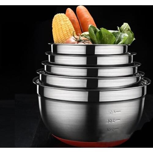 1Pcs 304 Stainless Steel Bowl, Soup Bowl, Silicone Bottom Non-slip Egg Beater Bowl, Household Kitchen Dishwashing Vegetable Bowl