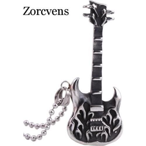 ZORCVENS Fashion Vintage Mens Jewelry Stainless steel Ball Chain Punk Rock guitar Pendant Necklace