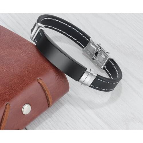 Customize Engraving Soft Silicone Stainless Steel ID Bar Bracelets & Bangles for Men Adjustable Length Wristband Fathers Gift