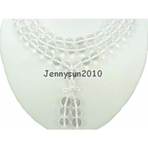 Natural Clear Crystal 10mm Gems Stone Buddhist 108 Beads Prayer Mala Knot Necklace Multi-Purpose 5Strands/Pack