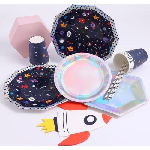Outer Space Theme Party Disposable Tableware Paper Plates Cups Astronaut Rocket Baby Shower Favor Birthday Decor Party Supplies