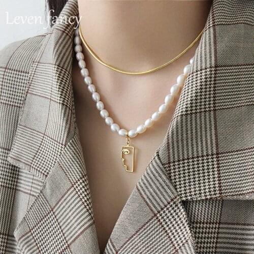 S925 Sterling Silver Beaded Chain Necklace White Baroque Freshwater Pearl Necklaces Jewelry Abstract Face Pendant Necklace