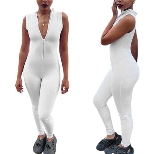 Sexy zipper sleeveless Jumpsuit womens tight jumpsuit, fashionable and casual solid color zipper, front opening on e-piece