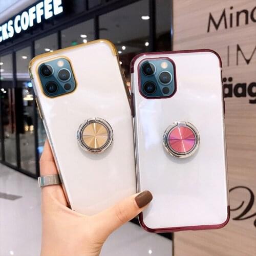 Luxury Plating Frame Transparent Phone Case For iPhone 12 11 Pro Max XS Max XR X 7 8 Plus SE 2020 Magnet Ring Stand Holder Cover