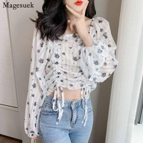 Korean Style Drawstring Design Chiffon Blouse 2020 Korean Fashion Vintage Printed Square Collar Tops Floral Womans Shirts 10586
