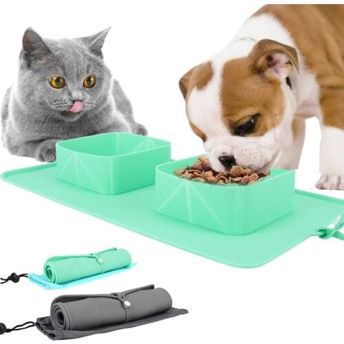 Folding Double Bowls Portable Pet Bowl Silicone With Flannel Bag Pet Supplies For Dogs Cats Water Feeder Food Container