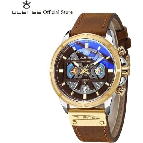 Sport Watches for Men, Leather Strap Shockproof Waterproof Watch OLENSE 9008M-1, Chronograph Auto Date Luminous Hands Clock New