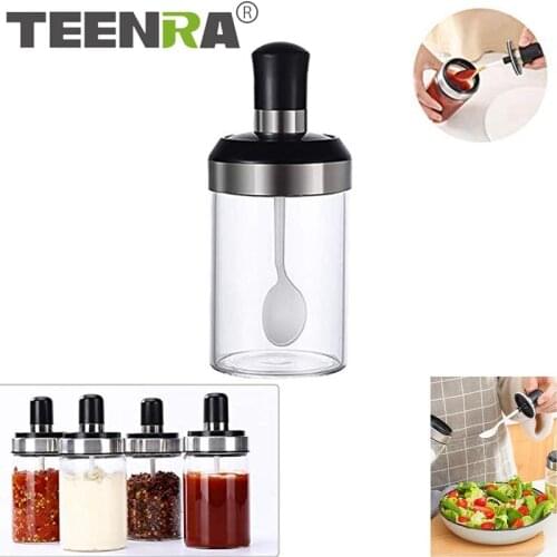 TEENRA Glass Airtight Jar Spice Containers Bottle Condiment Salt Pepper Seasoning Storage Bottle Spice Jars Pot with Spoon Lid