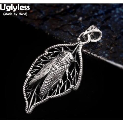Uglyless Handmade Insects Thai Silver Cicada Pendants for Women Hollow Leaf Necklaces NO Chain 925 Silver Exotic Fashion Jewelry