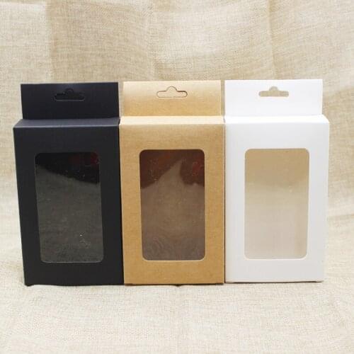 50pcs per lot white/black/kraft paper hanger window box for products/favors display Popular cardboard phone case boxes package
