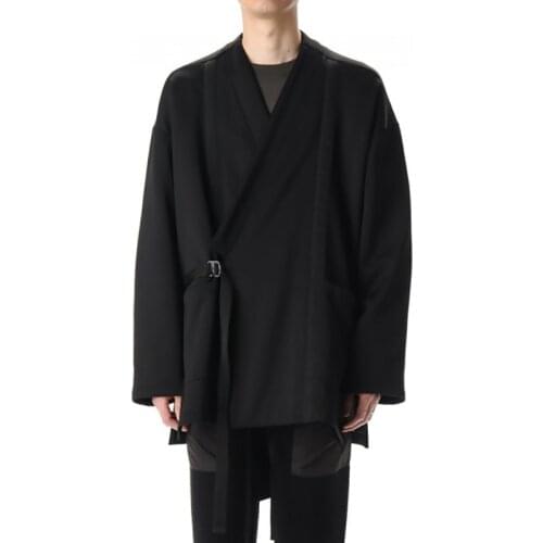 Windbreaker Mens jacket wool kimono jacket Japanese V-neck dark black