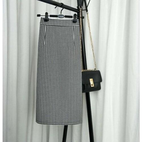 Spring Summer Self-cultivation Bag Hip Skirt Was Thin Black And White Lattice Sexy Split Mid-knee Skirt A Word Large Size Skirt