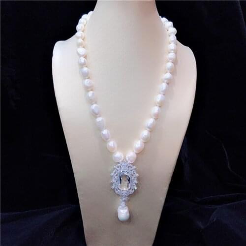 Hand knotted 10-11mm baroque white freshwater cultured pearl micro inlay zircon accessories pendant sweater necklace long 48cm