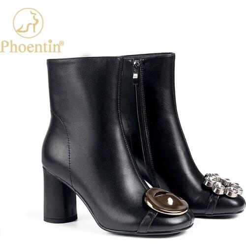Phoentin crystal ankle boots women cow leather metal decoration round toe high heel booties zip closure black shoes 2020 FT1040