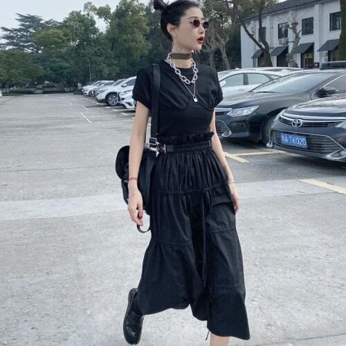 2020 Spring Summer High Elastic Waist Black Half-body Skirt Women Fashion Tide vintage wild drawstring straps
