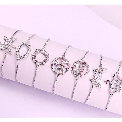 10Pcs , Silver Color Fashion Colorful CZ Micro Pave Bracelets Slide Chain Crystal Zirconia Jewelry Bracelets For Women Girls