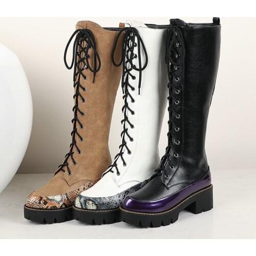 Platform Square Heel Women Ridding Boots Fashion Lace Up Zipper Women Knee High Boots 2020 New Winter Boots Big Size 34-43