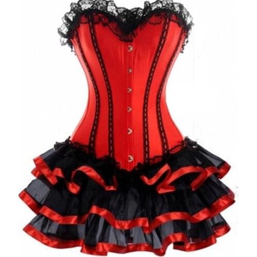 Waist Trainer Corset Dress Plus Size Women Sexy Burlesque Overbust Corset With Mini TuTu Skirt Fancy Dress Costume S-6XL W58036