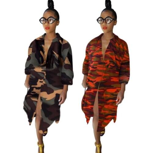 Camouflage Print Long Sleeve Shirt Dress Women Turn-down Collar Button Up Casual Dress Streetwear Loose Oversized Shirt Dress