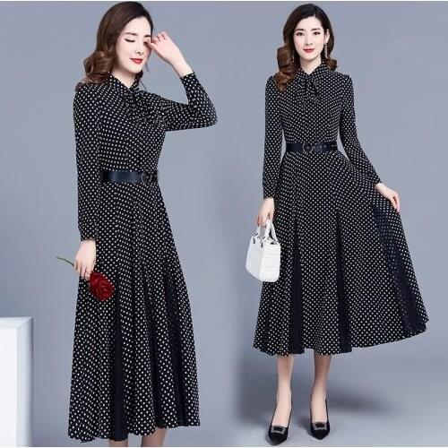 Vintage Dot Print Shirt Dress With Belt Women Spring Casual Long Sleeve Spliced Lace Midi Dresses Elegant High Waist Party Dress