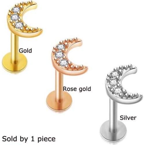 1piece Moon Shape Flat Head Lip Labret Stud Helix Piercing Stainless Steel with Zircon
