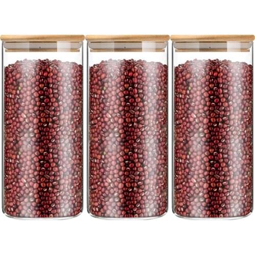 Set of 3 Durable Glass Sealed Containers With Bamboo Lid, for Storing Food, Tea, Candy, Cereal 1350ML