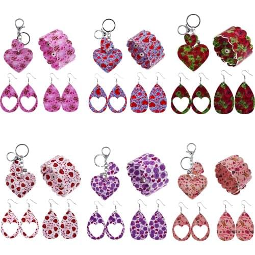 4 Pcs/Set Valentines Day Printed Leather Earrings Bracelet Love Pendant Set Female Fashion Jewelry Accessories Gifts Wholesale