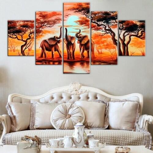Canvas Wall Art 5 Pieces Elephant Animal Posters and Prints Painting Wild Scenery Wall Picture for Living Room Home Decor