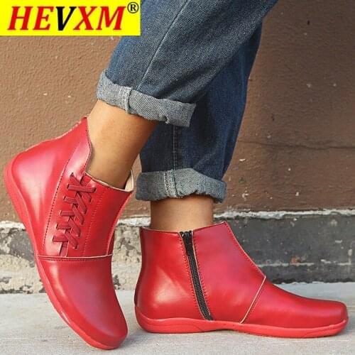 Womens PU Leather Ankle Boots Women Autumn Winter Cross Strappy Vintage Women Zipper Boots Flat Ladies Shoes Woman Botas Mujer