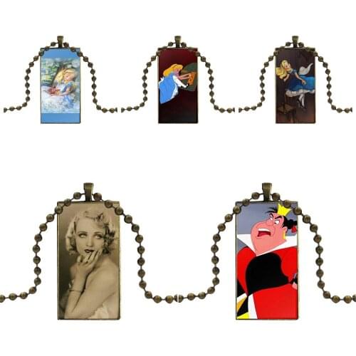 Brand Bronze Color Jewelry Fashion Statement Necklace Glass Necklaces Pendants For Women Vintage Retro Alice In Wonderl1951 Film