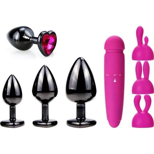 Black Metal Anal Plug Set Beads Rose Red Heart Crystal Smooth Butt Plug dilatator Couple Adult game Products