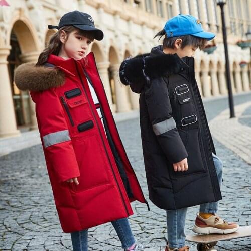 Childrens Winter Clothing Boys Black Long Down Jacket Girls Fashion Red Warm Thick Coat Natural Fur Collar + Fluorescent Strips