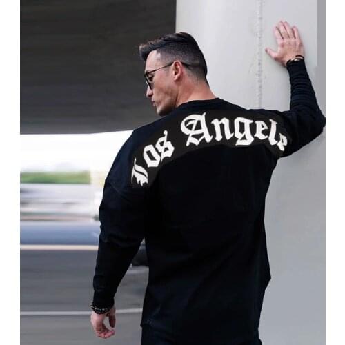 Los Angeles Print Long sleeve Cotton T-shirt Men Gym Fitness Bodybuilding Workout t shirt Male Tee Tops Sport Brand Clothing